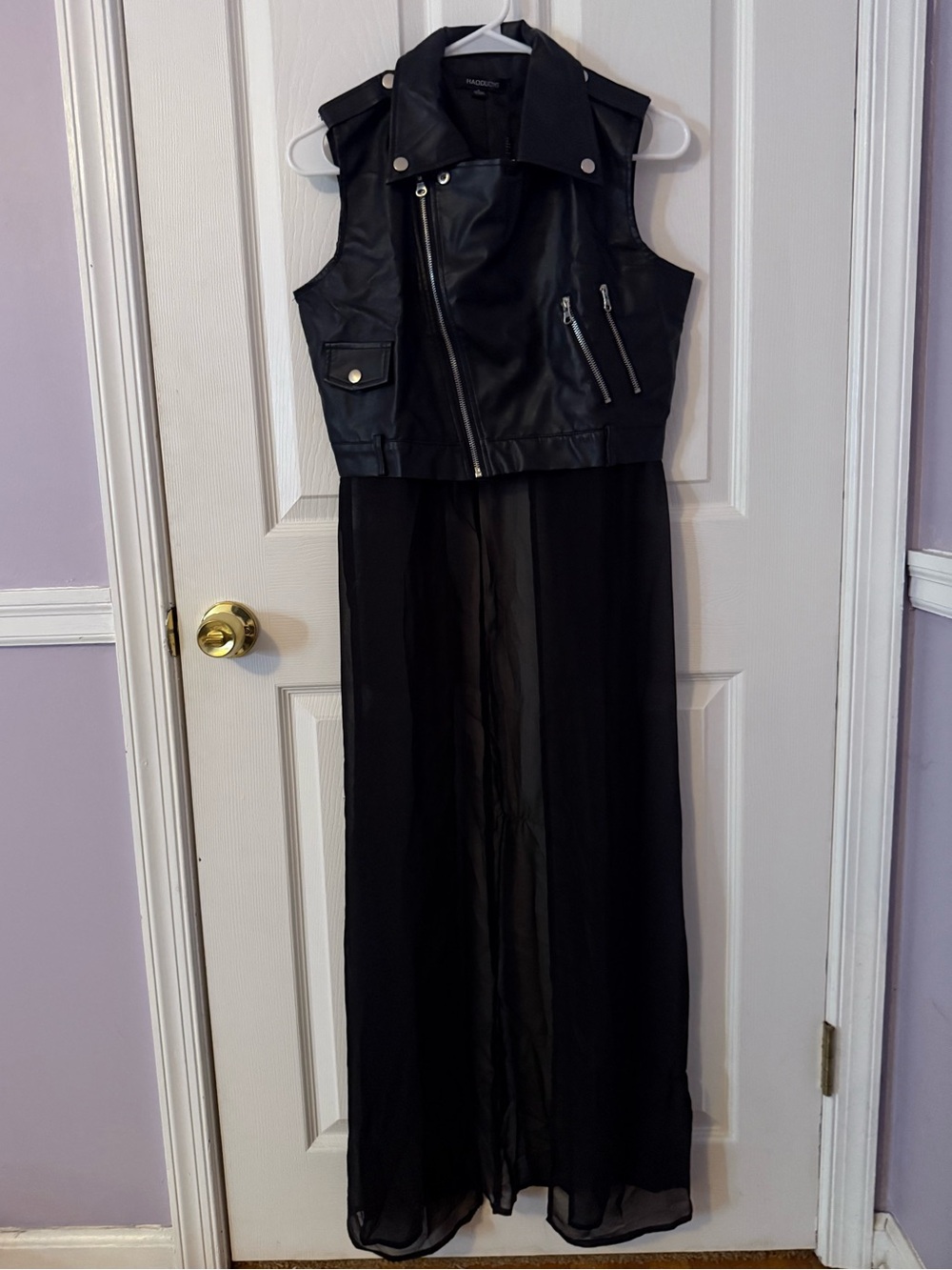 HAODUOYI Black Faux Leather Moto Vest with Chiffon Cape